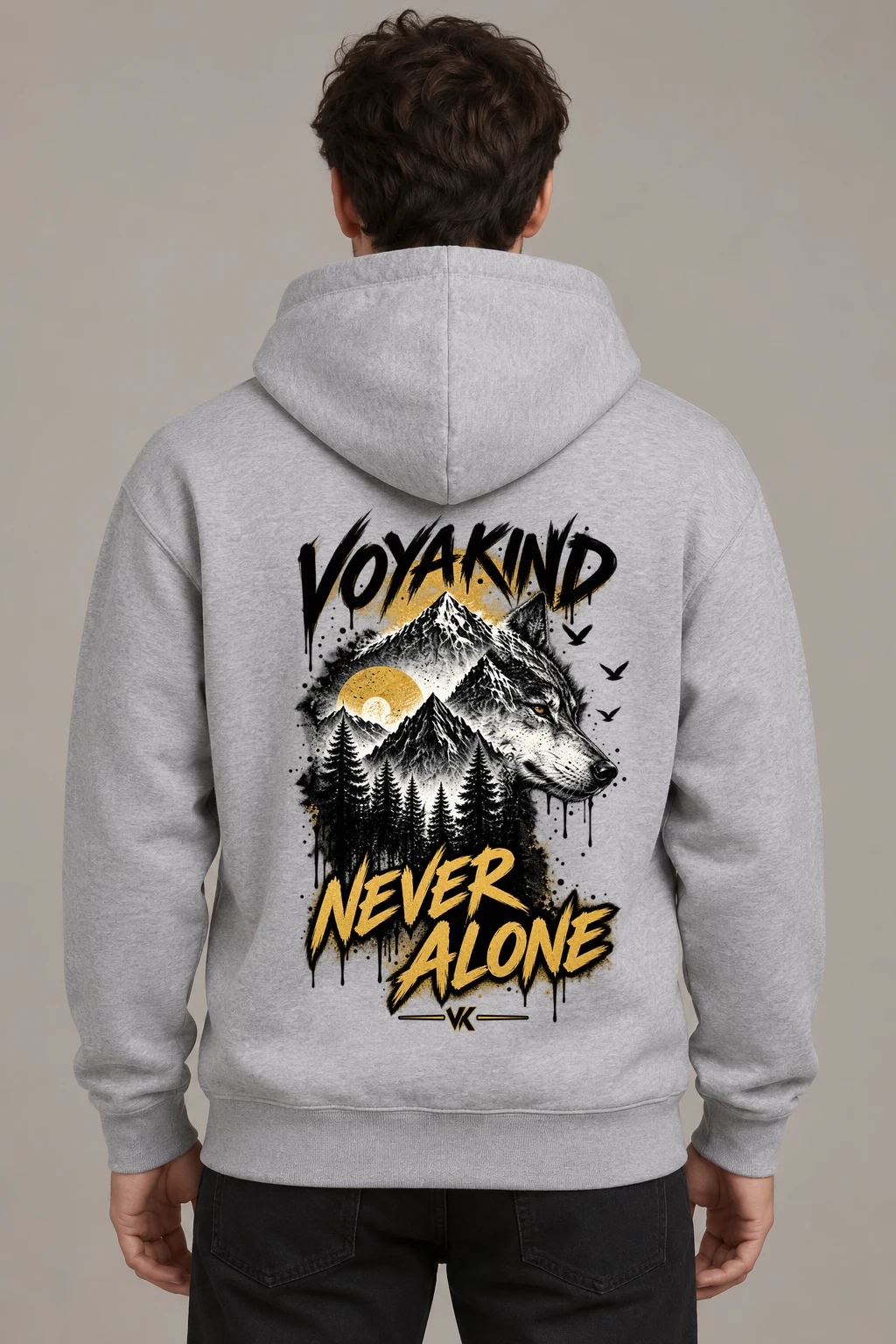 Never Alone artwork on a grey hoodie; digital back-view mockup