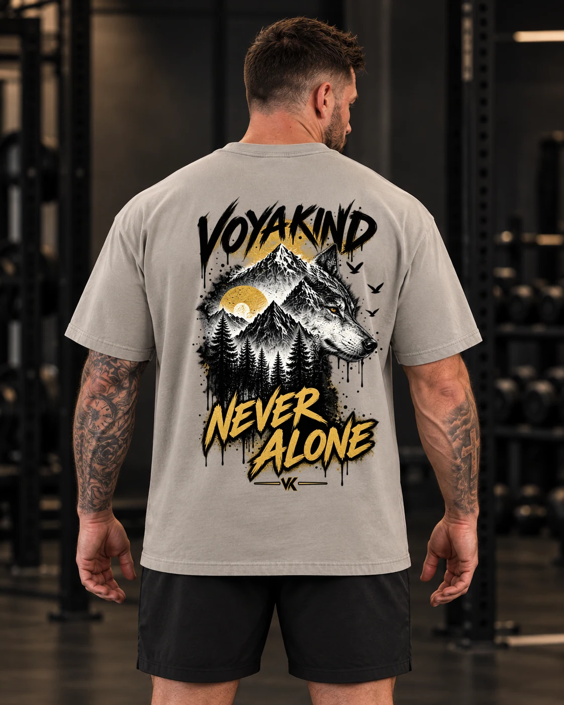 Never Alone graphic tee, digital back-view mockup